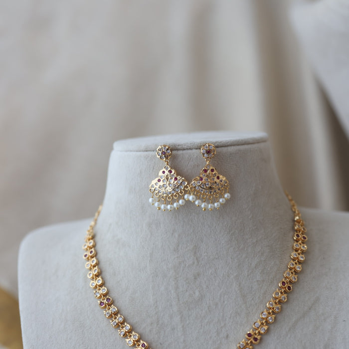 Heritage gold plated ruby white stone short necklace with earrings H9123