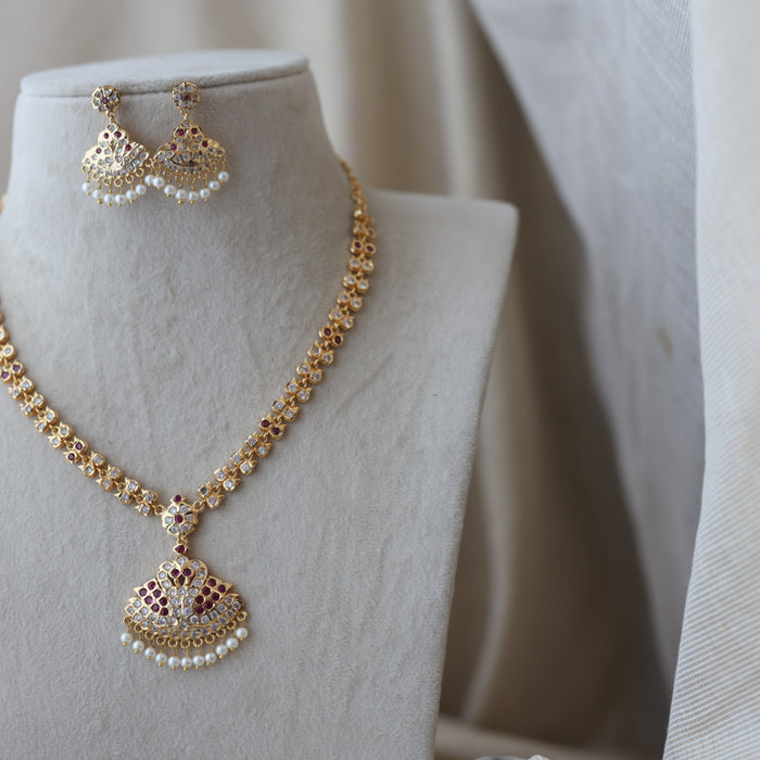 Heritage gold plated ruby white stone short necklace with earrings H9123