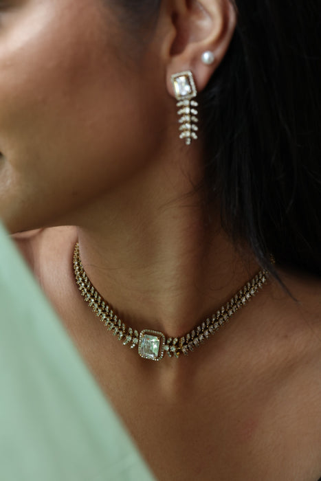 Antique simple white tone choker necklace with earrings CCB1356