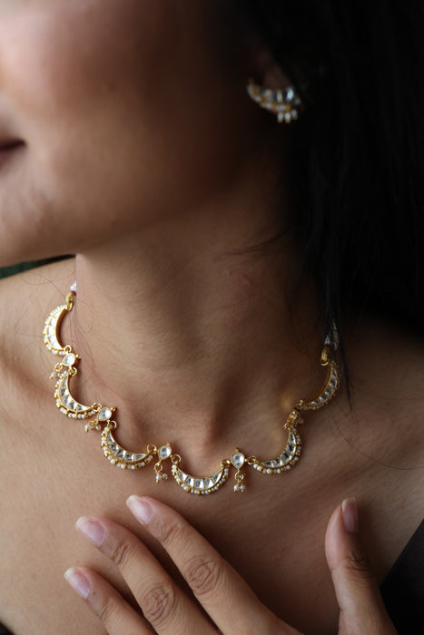 Minimal kundan white stone short necklace with earrings MS3247