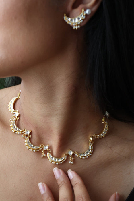Minimal kundan white stone short necklace with earrings MS3247