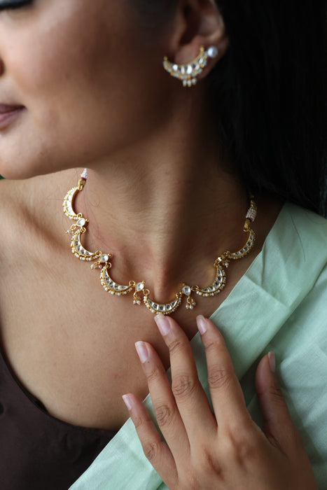 Minimal kundan white stone short necklace with earrings MS3247