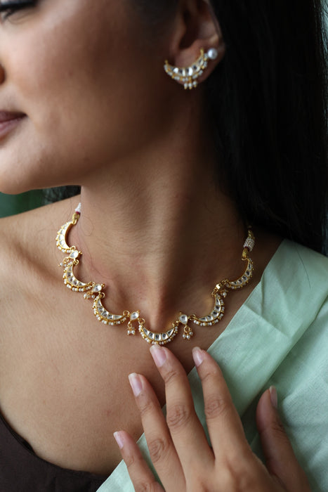 Minimal kundan white stone short necklace with earrings MS3247