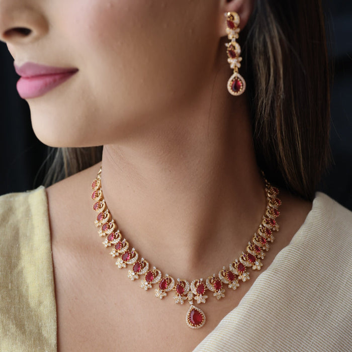Heritage gold plated ruby white stone short necklace with earrings H82947
