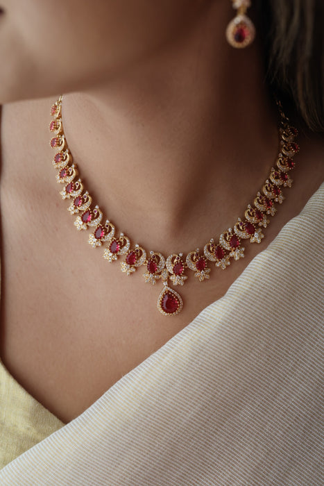 Heritage gold plated ruby white stone short necklace with earrings H82947