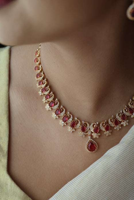 Heritage gold plated ruby white stone short necklace with earrings H82947