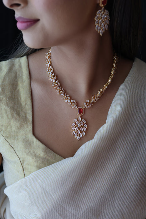 Heritage gold plated ruby white stone short necklace with earrings HW3311