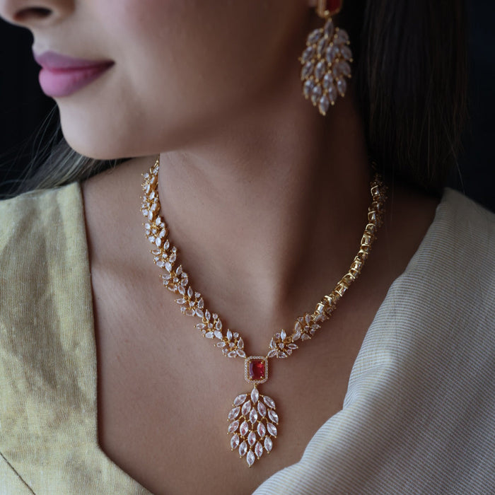 Heritage gold plated ruby white stone short necklace with earrings HW3311
