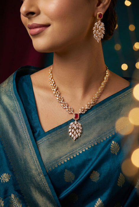 Heritage gold plated ruby white stone short necklace with earrings HW3311
