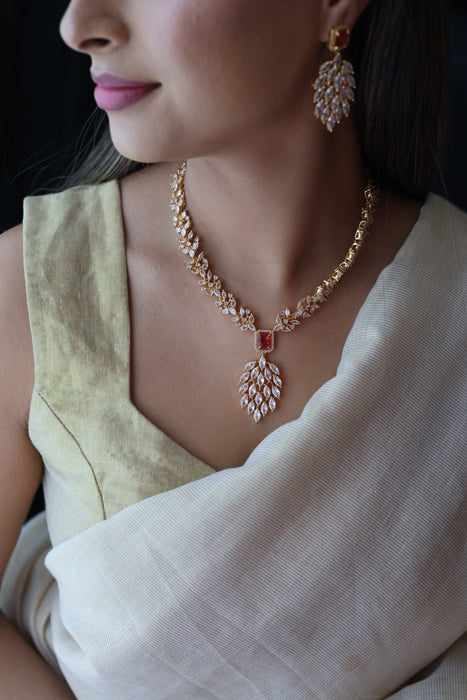 Heritage gold plated ruby white stone short necklace with earrings HW3311