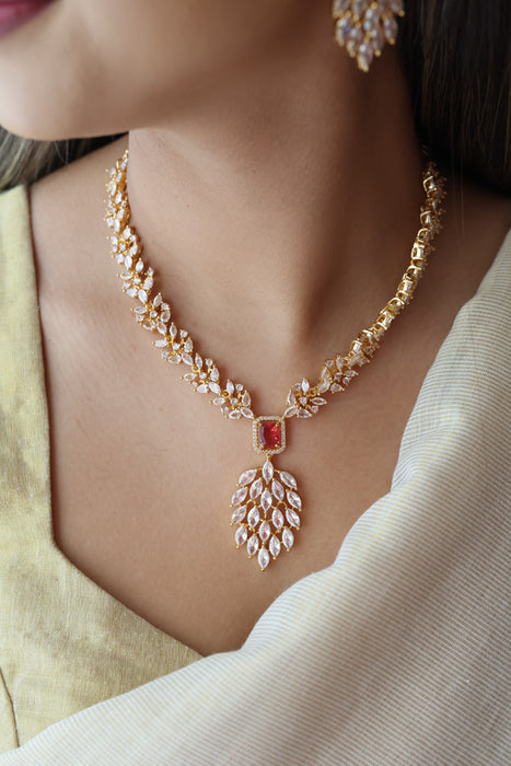 Heritage gold plated ruby white stone short necklace with earrings HW3311