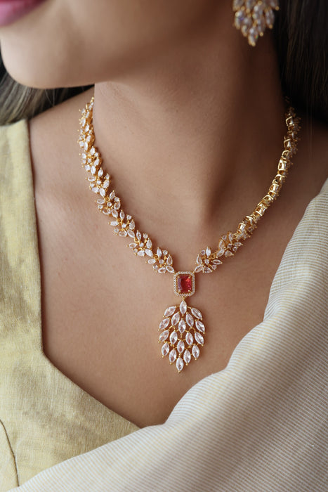 Heritage gold plated ruby white stone short necklace with earrings HW3311