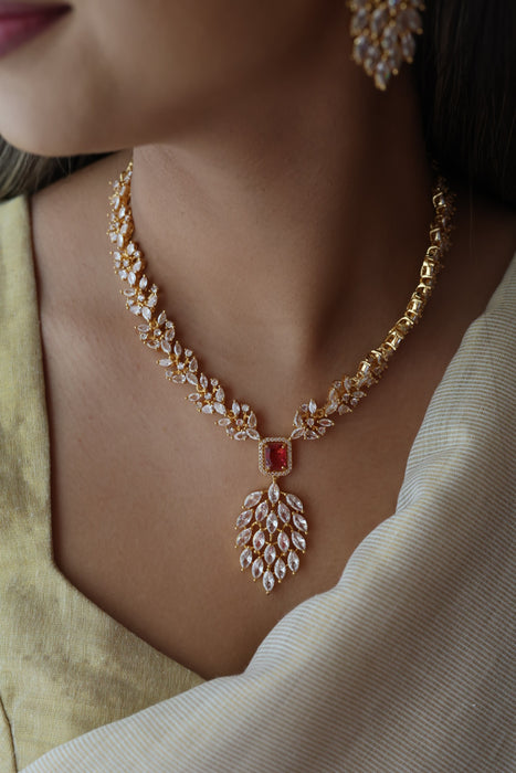 Heritage gold plated ruby white stone short necklace with earrings HW3311