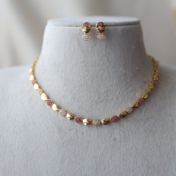 Heritage gold plated ruby white stone short necklace with earring H0249