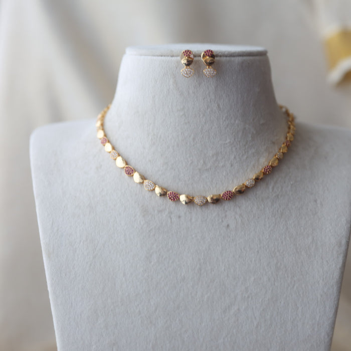 Heritage gold plated ruby white stone short necklace with earring H0249