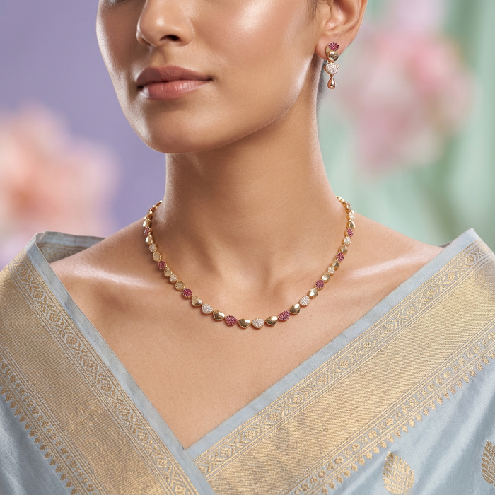 Heritage gold plated ruby white stone short necklace with earring H0249