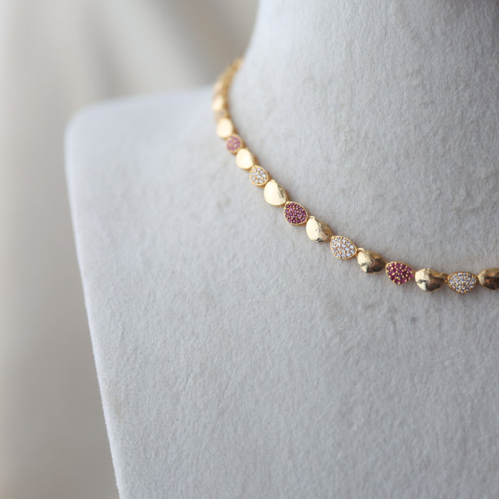 Heritage gold plated ruby white stone short necklace with earring H0249