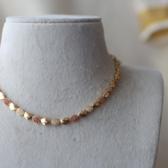 Heritage gold plated ruby white stone short necklace with earring H0249