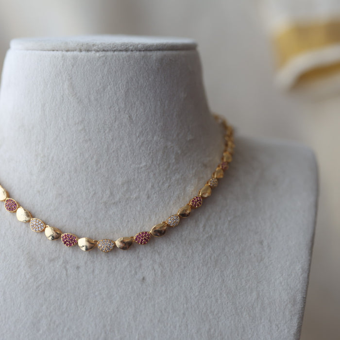Heritage gold plated ruby white stone short necklace with earring H0249