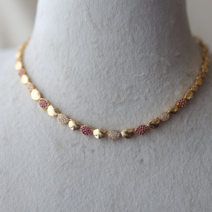 Heritage gold plated ruby white stone short necklace with earring H0249