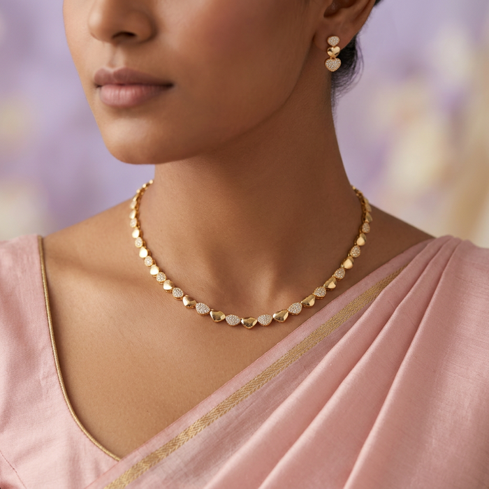 Heritage gold plated white stone short necklace with earring H456