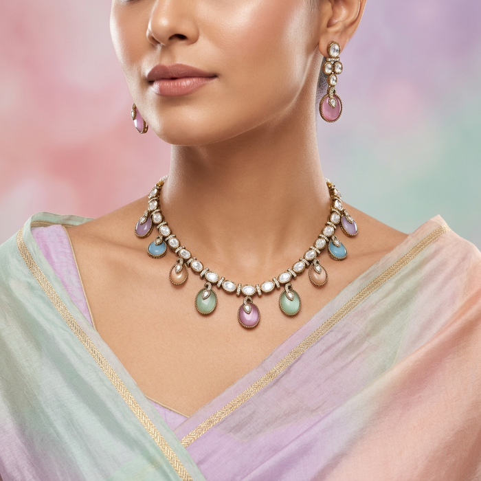 Trendy multi stone choker necklace with earrings TM0432