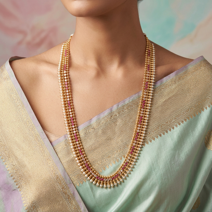 Heritage gold plated ruby white stone long necklace HL49