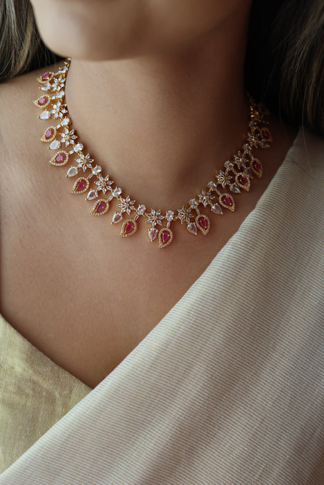 Heritage gold plated ruby white stone short necklace with earrings HRW8923