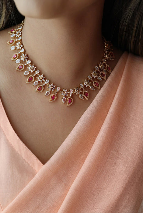 Heritage gold plated ruby white stone short necklace with earrings HRW8923