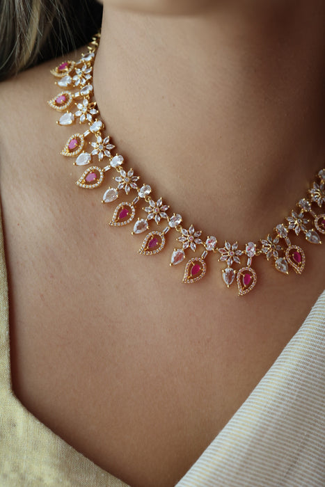 Heritage gold plated ruby white stone short necklace with earrings HRW8923