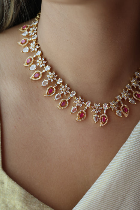 Heritage gold plated ruby white stone short necklace with earrings HRW8923