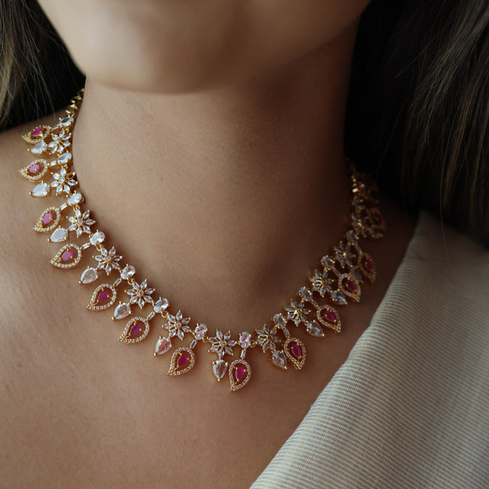 Heritage gold plated ruby white stone short necklace with earrings HRW8923
