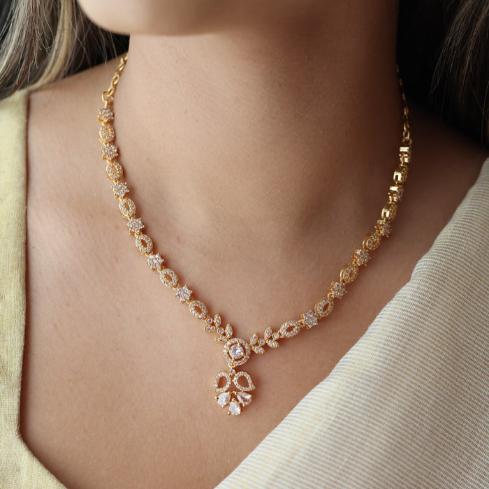 Heritage gold plated white stone short necklace with earrings H4893