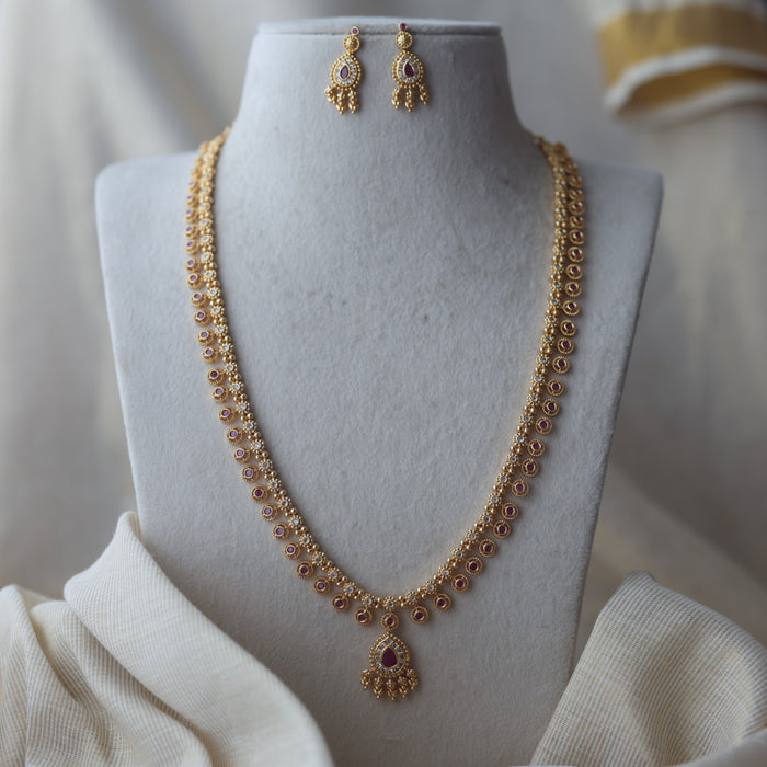Heritage gold plated ruby white stone long necklace with earring HL49