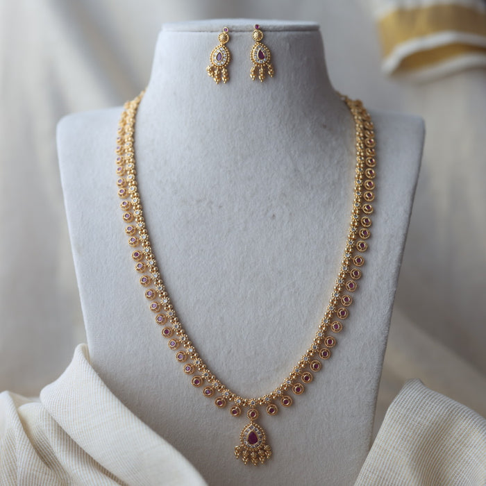 Heritage gold plated ruby white stone long necklace with earring HL49