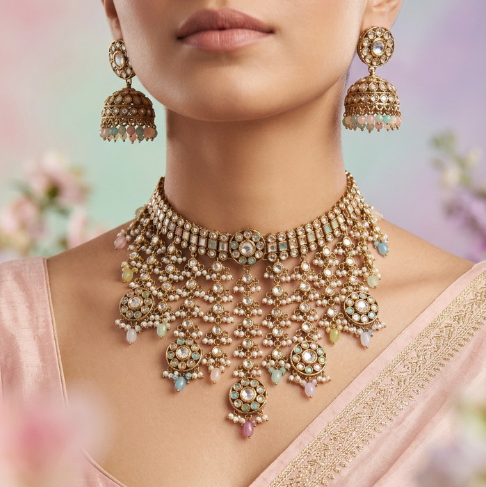 Trendy multi stone choker necklace with earrings TM0432