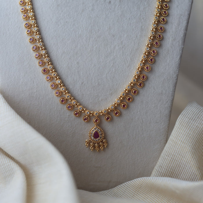 Heritage gold plated ruby white stone long necklace with earring HL49