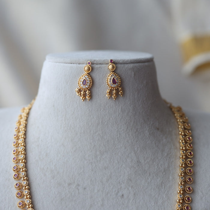 Heritage gold plated ruby white stone long necklace with earring HL49