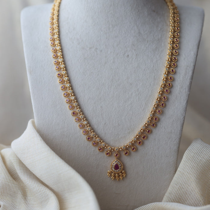 Heritage gold plated ruby white stone long necklace with earring HL49