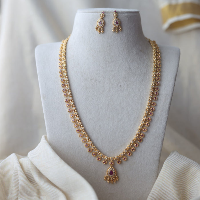 Heritage gold plated ruby white stone long necklace with earring HL49