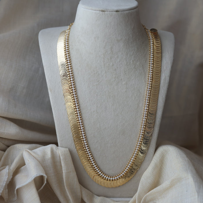 Heritage gold plated white stone coin design long necklace HL1673