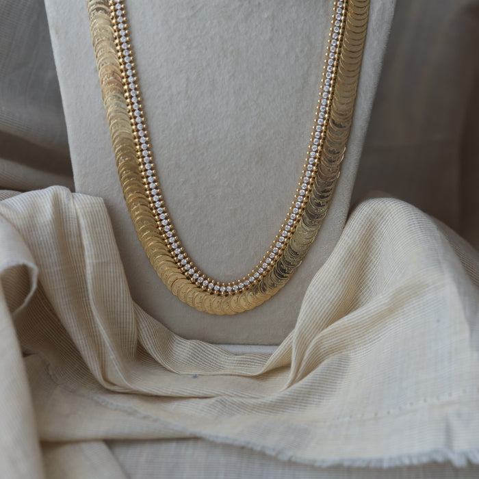 Heritage gold plated white stone coin design long necklace HL1673