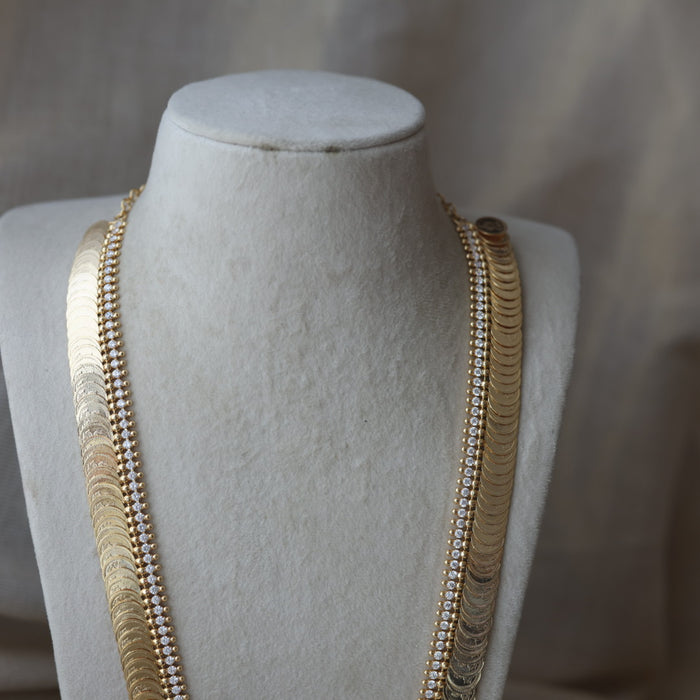 Heritage gold plated white stone coin design long necklace HL1673
