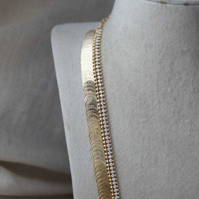 Heritage gold plated white stone coin design long necklace HL1673