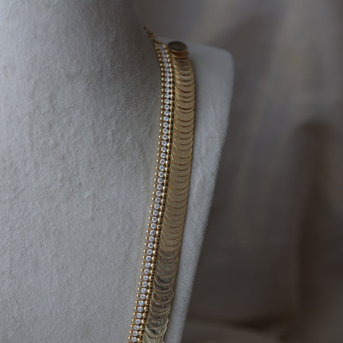 Heritage gold plated white stone coin design long necklace HL1673