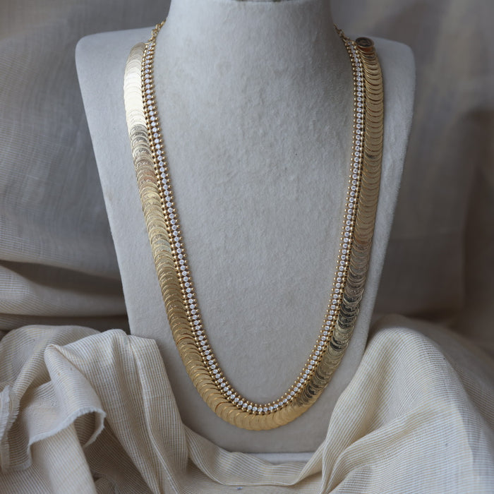 Heritage gold plated white stone coin design long necklace HL1673