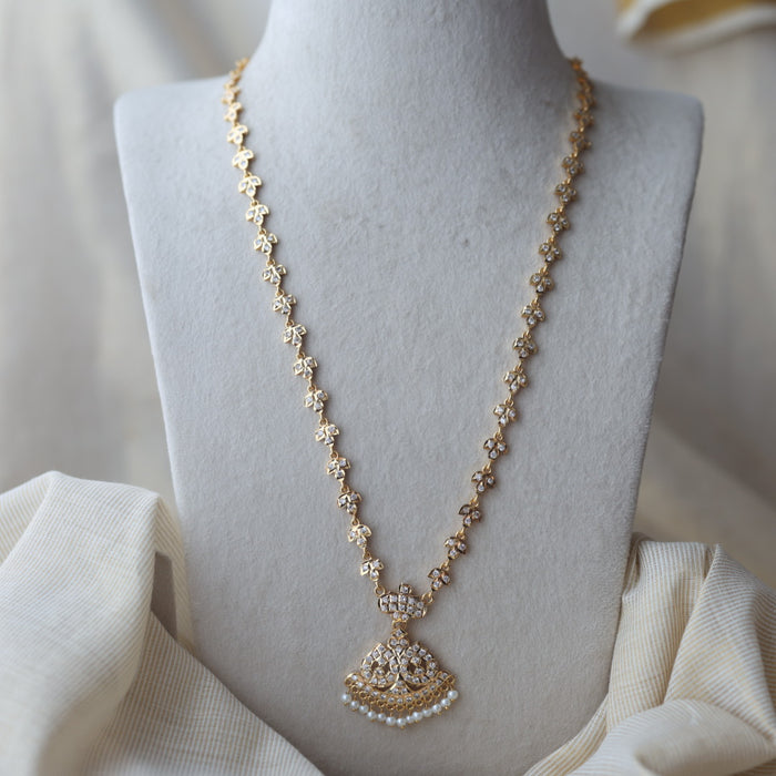 Heritage gold plated white stone long necklace with earring HL896