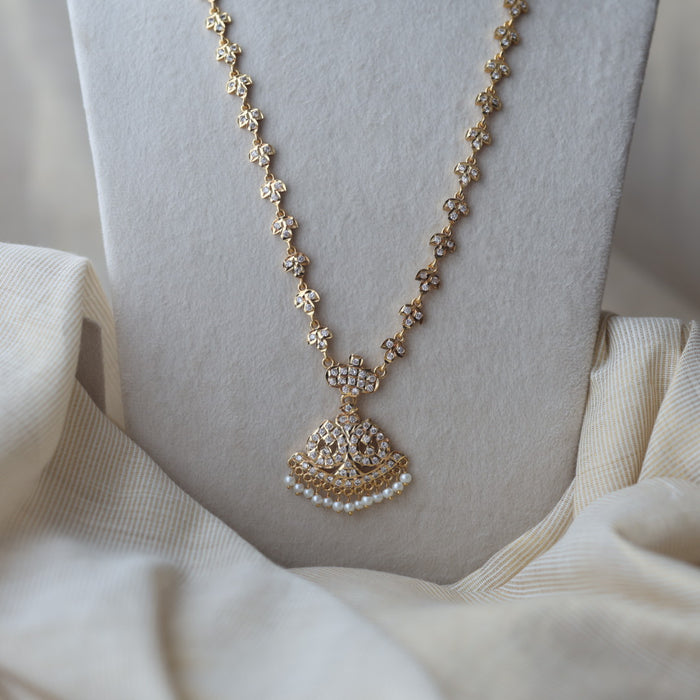 Heritage gold plated white stone long necklace with earring HL896