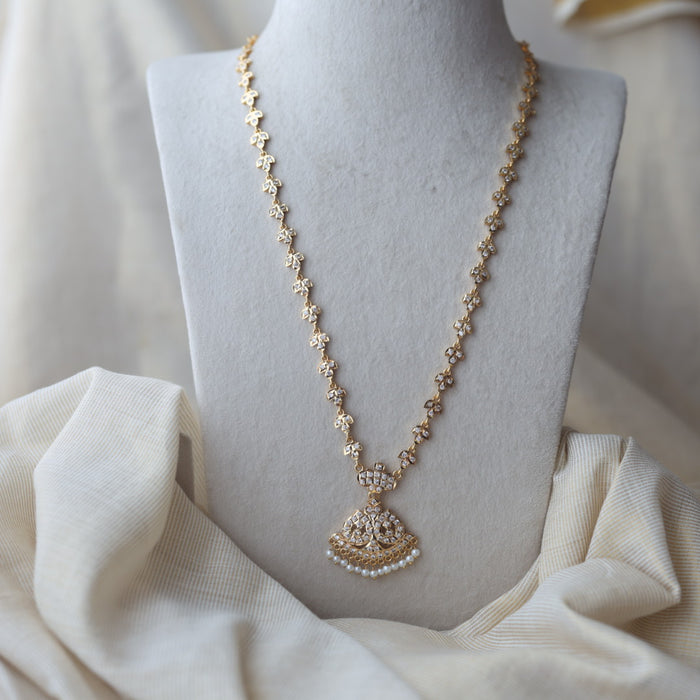Heritage gold plated white stone long necklace with earring HL896