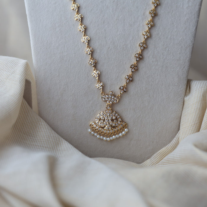 Heritage gold plated white stone long necklace with earring HL896